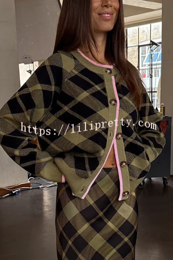 Holiday Plaid Knit Color-blocked Trim Button Long-sleeved Loose Cardigan