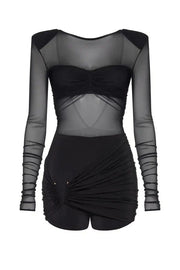 Sexy Mesh See-through Long-sleeved Backless Pleated Rompers