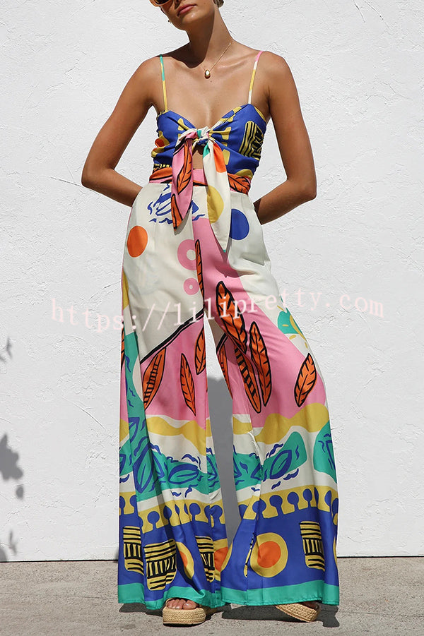 Unique Printed Back Pleated Suspenders Loose Pocket Wide-leg Jumpsuit