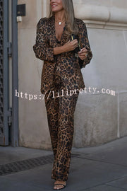 Chic View Leopard Print Tie-up Waist Lapel Blazer and Elastic Waist Loose Pants Set