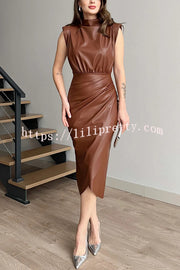 Elouise Faux Leather Turtleneck Shoulder Pads Ruched Slit Midi Dress