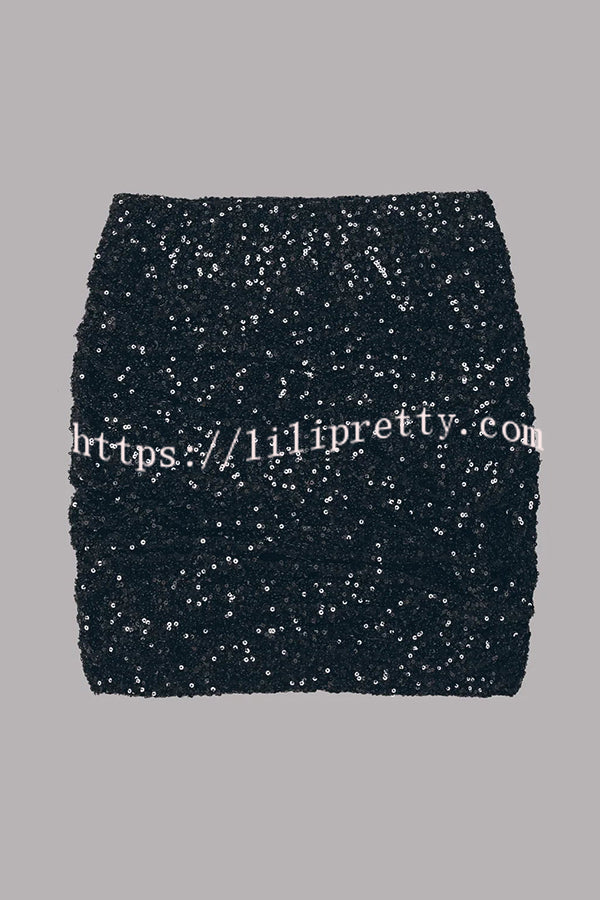 Lilipretty Best Item Sequin Side Ruched Elastic Waist Stretch Mini Skirt