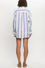 Stripe Print Lapel Long-sleeved Casual Shirt and Elastic Waist Loose Shorts Set