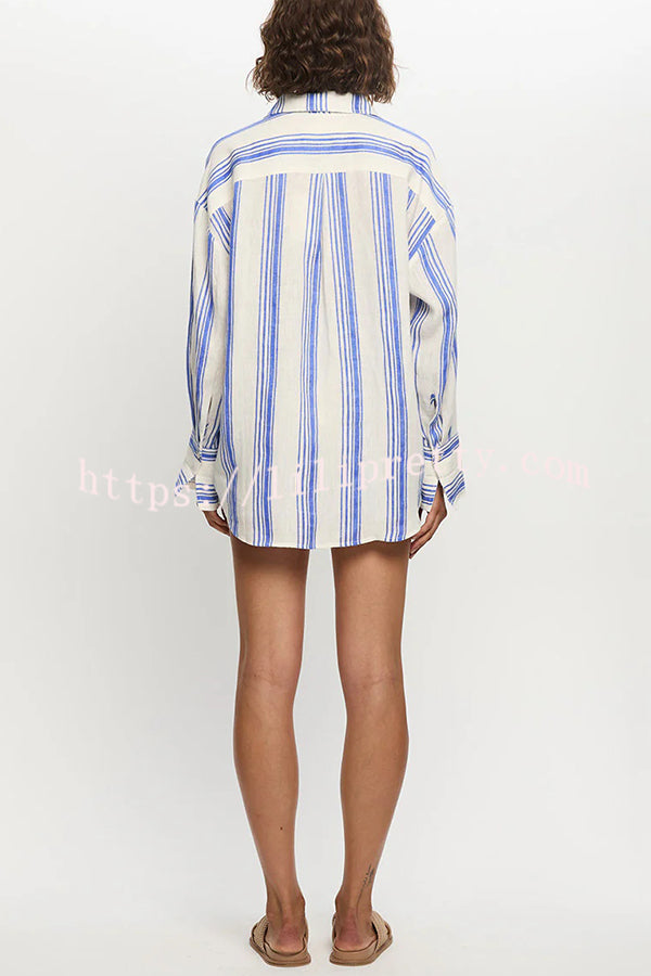 Stripe Print Lapel Long-sleeved Casual Shirt and Elastic Waist Loose Shorts Set