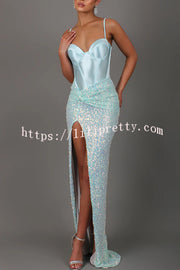 All about Glam Satin Corset Sequin Twist High Leg Split Maxi Dress