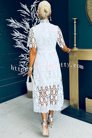 Elegant Crocheted Cutout Lace Short-sleeved Stand-collar Midi Dress