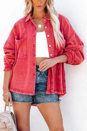 Stylish Lapel Long Sleeve Ripped Denim Jacket