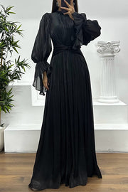 Ellah Shiny Fabric Chinese Stand Collar Twist Waist Balloon Sleeve Maxi Dress