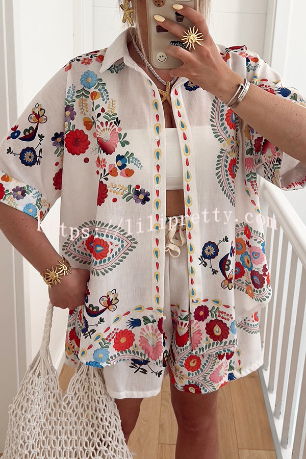 Linen Blend Floral Print Short Sleeve Loose Shirt and Elastic Waist Tie Casual Shorts Set
