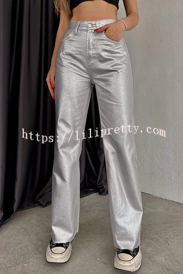 Stylish Metallic Fabric Pocket Casual Straight Wide-Leg Pants