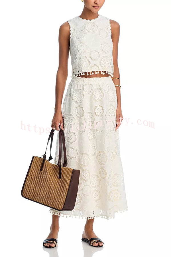 Nice Try Embroidered Crochet Lace Tassle Trim Crop Tank Top