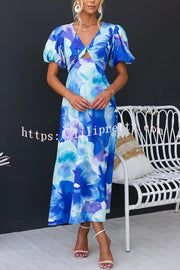 Lilipretty® Sophia Floral Print Satin Puff Sleeve Twist Bust Cutout Midi Dress