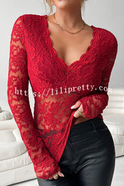 Solid Color Lace V-neck Long-sleeved Slim-fit Top