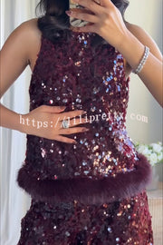 Gala Goddess Sequin Faux Fur Trim Crew Neck Sleeveless Loose Top