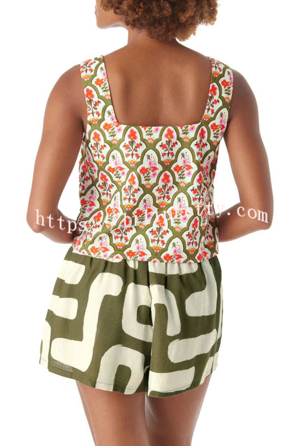 Vacation Chic Linen Blend Unique Print Square Tank and Elastic Waist Pocketed Shorts Set