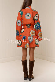 Linen Blend Unique Print Tie Waist Loose Mini Dress