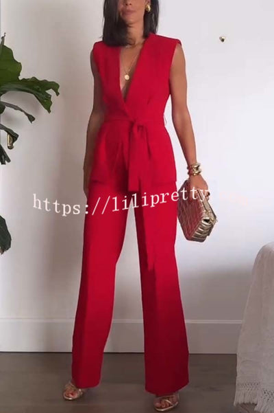 Keep It Classic V-neck Belted Vest and Mid Rise Pocket Wide Leg Pants Set