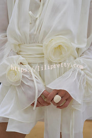 Solid Color Long Sleeve V-Neck Lace-Up Elegant Flower Decorated Mini Dress