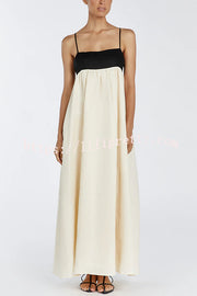 Linen Blend Sexy Sling Backless Contrast Maxi Dress