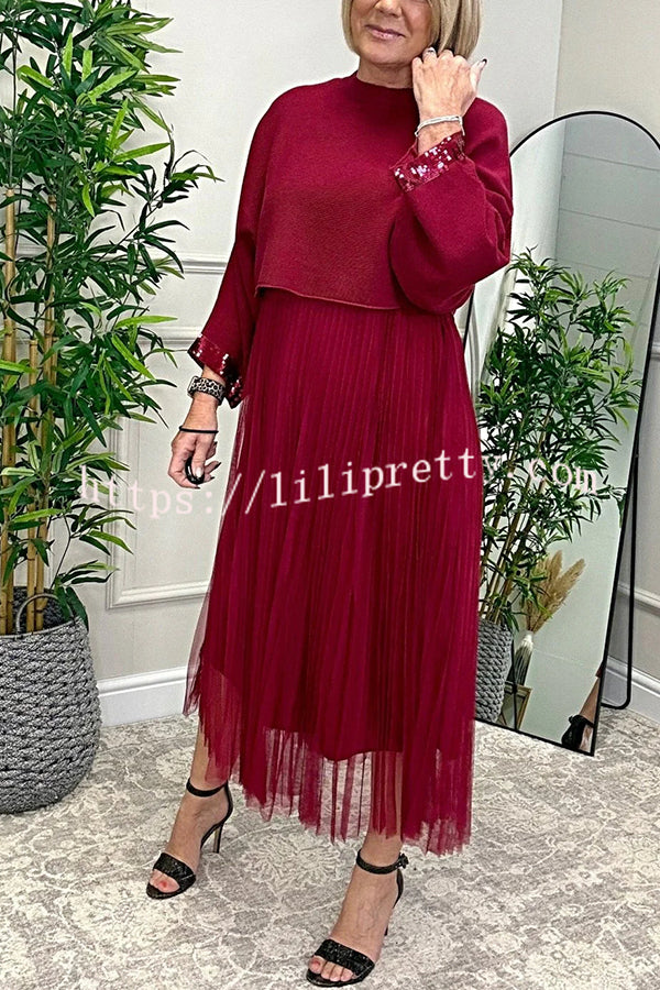 Fenna Ribbed Sequin Trim Batwing Sleeve Sweater and Pleated Tulle Stretch Tank Midi Dress Two-piece Set