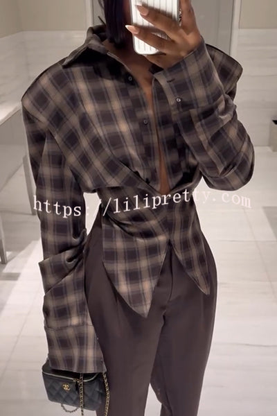 Vintage Plaid Shoulder Pad Buttons Long Sleeve Angled Hem Shirt