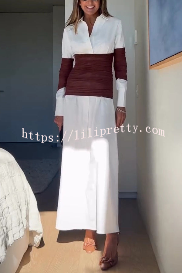 Fashionable Pleated Contrast Patchwork Waist Long Sleeve Button Shirt Maxi Dress