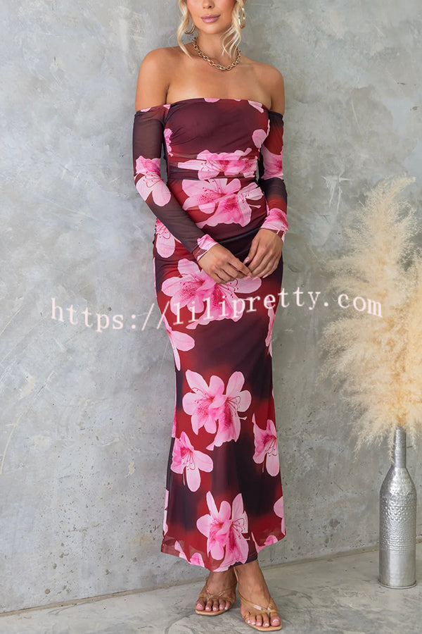 Floral Fantasy Mesh Off Shoulder Long Sleeve Stretch Maxi Dress