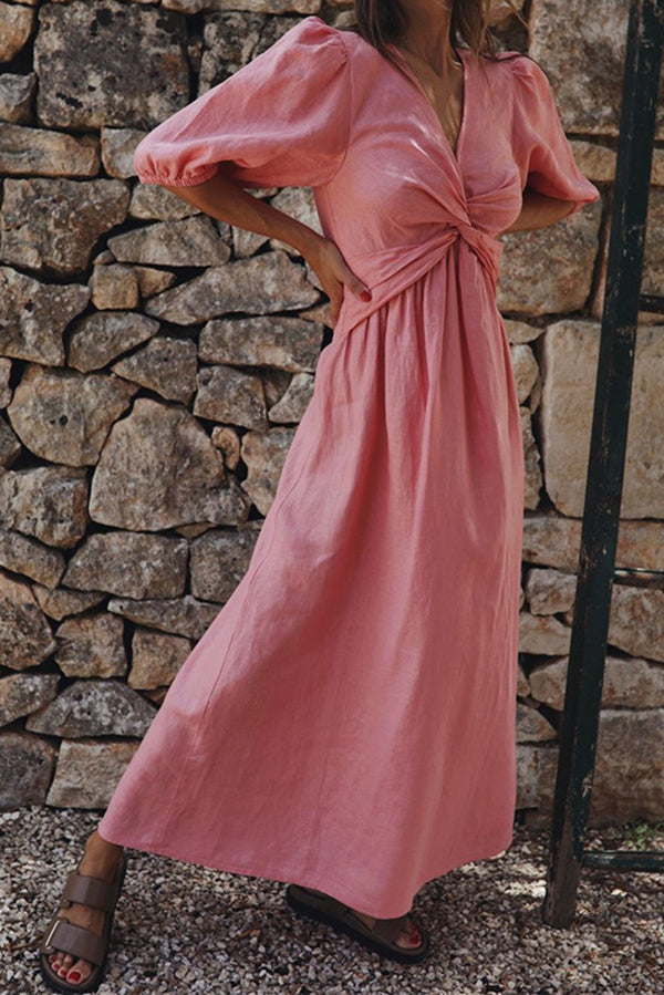 Linen Blend High Waist V-neck Loose Maxi Dress