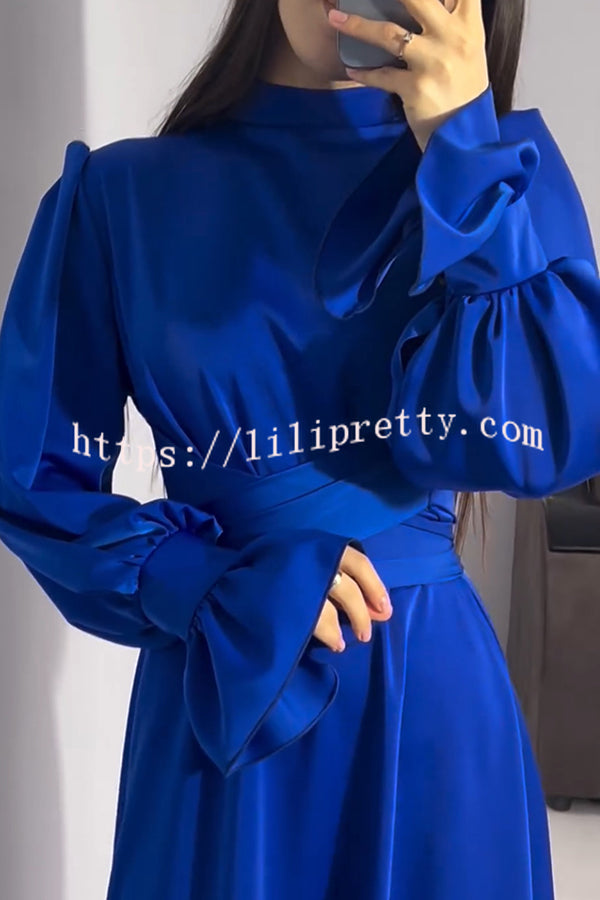 Solid Color Ruffled Sleeves Waisted Tie Slim Fit Maxi Dress