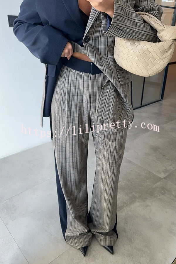 Nayla Plaid Contrast Color Belted Long Sleeve Lapel Blazer and Pocketed Wide Leg Pants Set