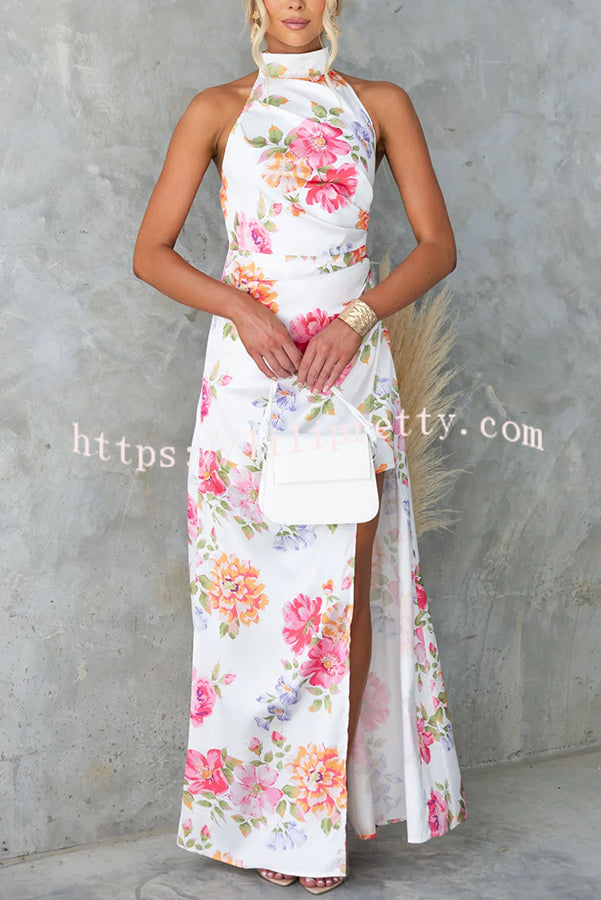 Lilipretty Bloom Time Satin Floral Print High Neck Slit Maxi Dress