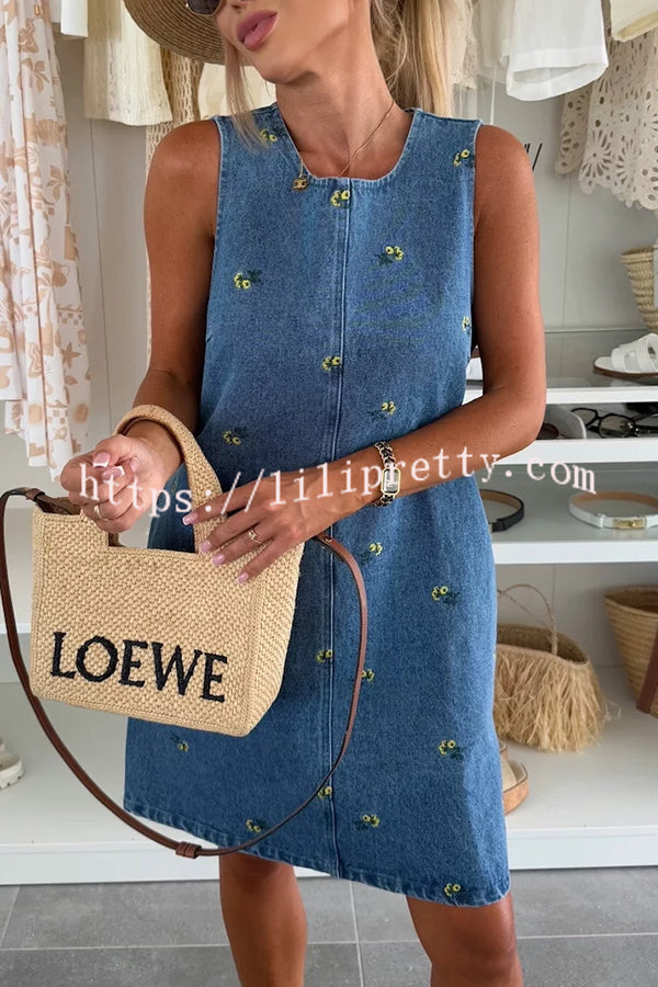Floral Print Round Neck Sleeveless Loose Denim Mini Dress