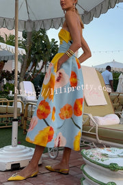 Floral Print Off Shoulder Backless Elegant Midi Dress