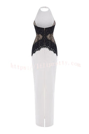 Sexy Halterneck Lace Paneled Backless Slim Maxi Dress