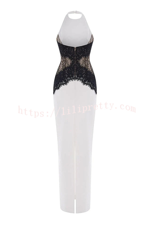 Sexy Halterneck Lace Paneled Backless Slim Maxi Dress