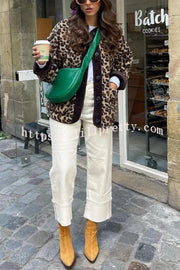 Warm Feel Colorblock Leopard Print Plush Button Up Pocketed Teddy Jacket