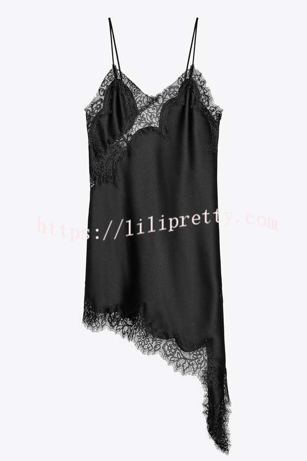 Elouise Satin Lace Trim V-neck Asymmetrical Hem Slip Mini Dress