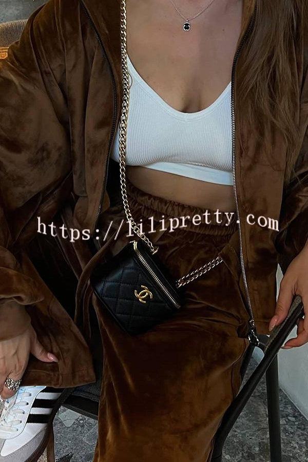 Velvet Casual Zip-up Hooded Top and Elastic Waist Wide Leg Pants Set