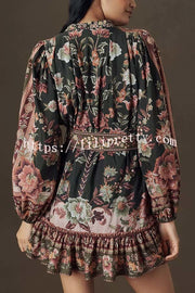 Brazilian Style Unique Floral Print Puff Sleeve Belted Pleated Hem Mini Dress