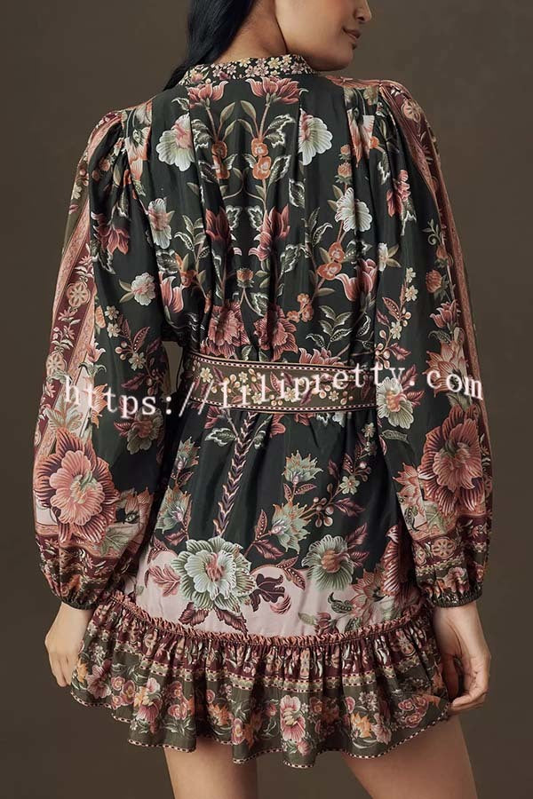 Brazilian Style Unique Floral Print Puff Sleeve Belted Pleated Hem Mini Dress