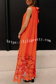 Breezy Comfort Tie-up Neck Sleeveless Floral Lace Hem Maxi Dress