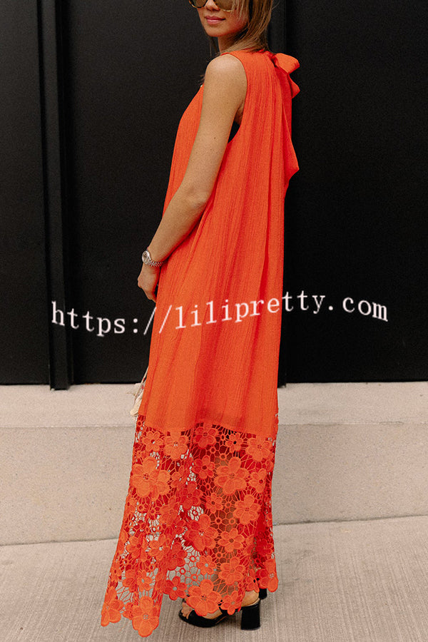 Breezy Comfort Tie-up Neck Sleeveless Floral Lace Hem Maxi Dress