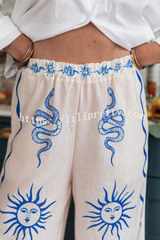 Symbol of Sicily Linen Blend Unique Print Elastic Waist Pocketed Wide Leg Pants