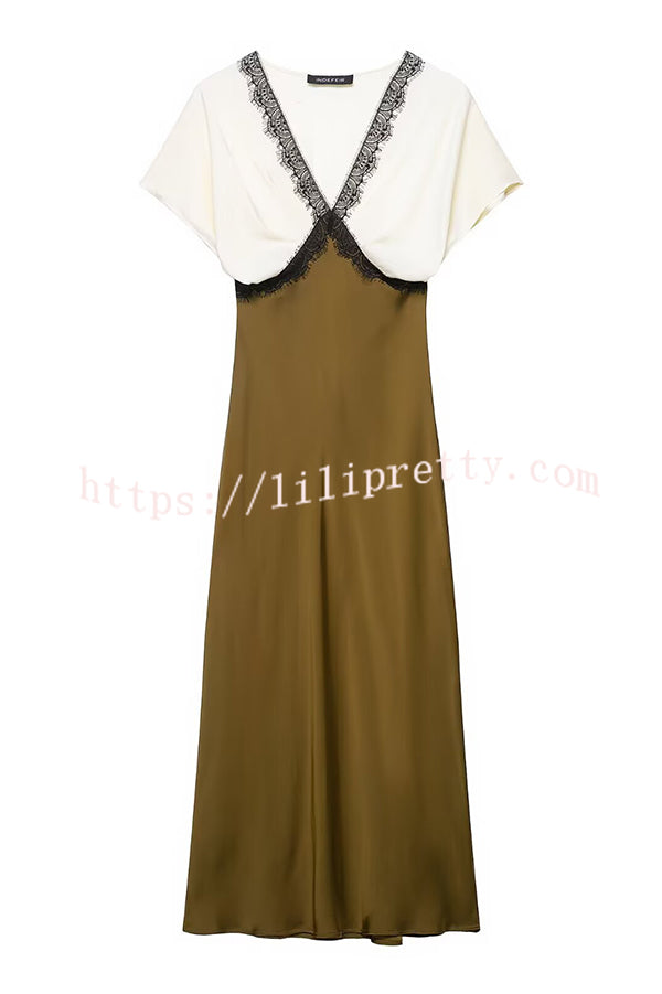 Fashionable Contrast Color V-neck Lace Stitching Maxi Dress