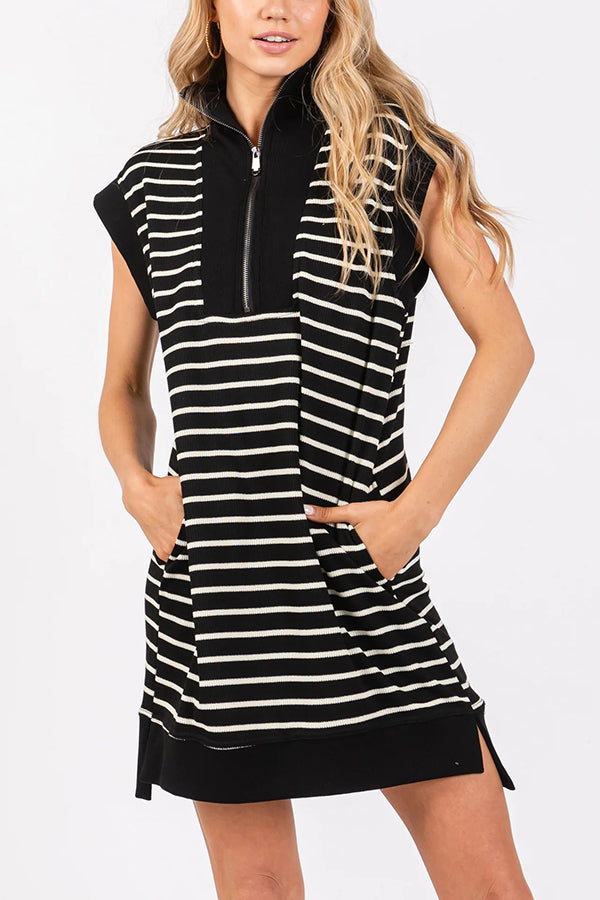 Striped Print Zipper Lapel Sleeveless Casual Mini Dress