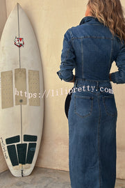 Tessy Denim Metal Button Zipper Shirt Stretch Pencil Slit Midi Dress