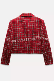 Tweed Plaid Textured Long-sleeved Casual Pocket Jacket