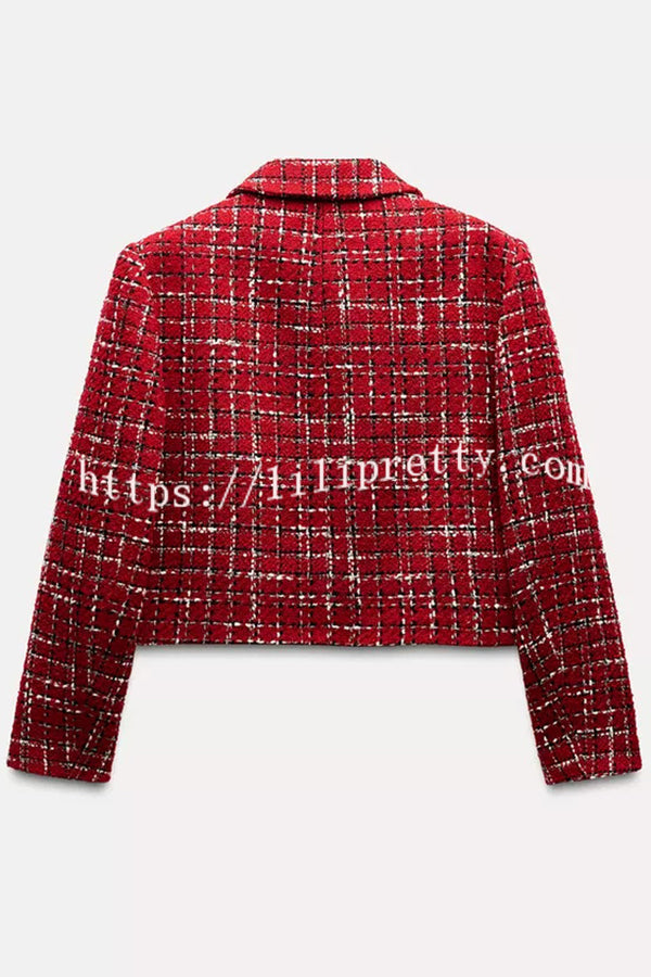 Tweed Plaid Textured Long-sleeved Casual Pocket Jacket