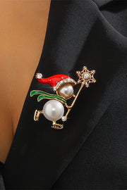 Christmas Snowman Diamond Pearl Ski Brooch