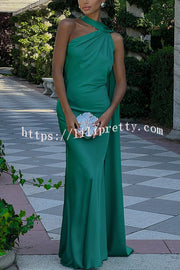 Crush on You Satin One Shoulder Backless Cape Maxi Dress